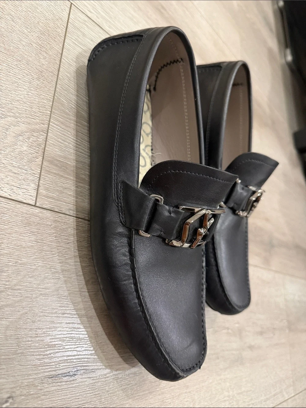 Salvatore Ferragamo Black Leather Loafers with Silver Gancini Accent